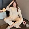 Roupas em casa Mulheres de manga longa Pijamas Setes Sleep Sleep Ice Silk Homewear redonda pescoço chinês Sleepwear Awearwear Lounge solto 2pcs