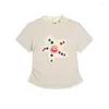 T-shirts pour femmes Kawaii Flocking Cartoon Shirt Lace Wood Ear ourlet Patchwork Côtes courtes Corée Contrast Sweet Contrast Femmes Tops