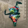 Kvinnors badkläder FS Kvinnor Green Monokini Oblique Bikini Set Hollowed Out Bathing Suit Floral Print Baddräkt för Lady One Piece 2024 Ankomster