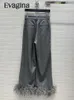 Women's Pants Evagina Fashion Designer Autumn Grey Color Casual Trousers Solid Straight Barrel Feathers Hem Wide Leg