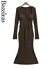 Casual klänningar 2024 Bazaleas elegant med bälte sjöjungfru klänning sexig fyrkantig krage pad lady smal stretch bodycon fishtail robe