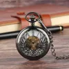 Pocket Watches Vintage Bronze/Black Heart Wings Hollow Design Mens Mechanical Pocket Roman Digital Dial Manual FOB CHAIN ​​Pendant L240402