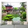 Tapissries Japanese Park Nature Landscape Tapestry River Pavilion Green Plants Flowers Chinese Style Scenery Decor Home Wall Hanging trasa