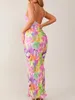 Casual jurken vrouwen slippen jurk spaghetti riemen backless bloem tie-dye print solide cocktail zomer lang