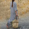 Casual Dresses Women's Summer Cotton Linen Long Dress Fashion Striped V Neck Loose Large Size Sleeve Pockets