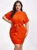 Casual Dresses Summer Women Plus Orange Round Neck Tie Front Dress Sexig BodyCon Elegant Ladies Party