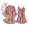 Home Vêtements Twinset Femmes Robe Set Rayon Satin Nightgown Slewear Lingerie Feme Summer Silky Bathrobe Nightwear Kimono Robe Costume