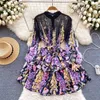 Dames basual jurken zomer runway prachtige bloem chiffon ruches mini jurk vrouwen standaard nek lantaarn mouw bloemenprint boho robe Vestidos 2024