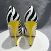 Dress Shoes Tikicup Black White Stripes Print Women Pointy Toe Stiletto Pumps With Yellow Heels 8cm 10cm 12cm High Comfortable