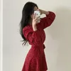 Casual Dresses Spring Chiffon Women Dot V-ringen Puff Long Sleeve Lace Up Slim Midje One Piece Mini Dress Korean Fashion Vestidos