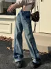 Frauen Jeans getäfelte Frauen hohe taillierte in voller Länge in voller Länge mit hohen Beinhosen Taschen Designer Streetwear Vintage gewaschene Hose