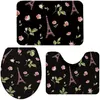 Bath Mats 3 Pieces Set Paris Eiffel Tower With Pink Flowers And Green Leaf Non Slip Absorbent Bathtub Floor Rug Toilet Lid Cover