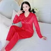 Vêtements de nuit pour femmes Set Silky Satin en dentelle Pyjamas V Neck Couper Pantalon de taille élastique Soft pour 2 PCS / Set