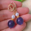 Kolczyki Dangle Natural Fiolet Purple Chalcedony Pearl Peads Gold Clip-Onisex Modern Children Niestandardowe ręcznie robione kobiety mężczyźni