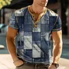 Erkek Tişörtleri Yaz Renk Bloğu Vintage Henley Gömlek Patchwork 3D Baskı Erkek Düğmesi Kısa Kol Tişörtlü Adam Tees Üstler Giyim 2445