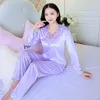 Vêtements de nuit pour femmes Set Silky Satin en dentelle Pyjamas V Neck Couper Pantalon de taille élastique Soft pour 2 PCS / Set