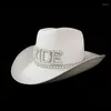 Basker handgjorda bröllopsfest brud cowgirl hatt bred brim brud för rhinestone western skinkande vita fedora solskydd