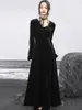 Casual Dresses UMI MAO Dark Velvet Dress Women's Lace Panel Flare Sleeves Elegant Hanging Neck Middle Length