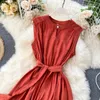 Lässige Kleider Yuoomuoo Frauen Kleid 2024 Sommer passen alle massiv ärmellose Schärpe Verband schwarz Vintage Elegante Dame Vestidos