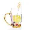 Wine Glasses Rose Enamel Crystal Cup Transparent Coffee Mug With Spoon Flower Tea Glass High-grade Handgrip For Wedding Gift