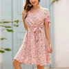 Lässige Kleider 2024 Retro V-Ausschnitt kurzärmelig Blumendruck Chiffon für Frauen knielanges Kleid fließend elegantem Mini Kurzstrand Sundress