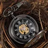 Pocket horloges wiel dubbelzijdige holle hand wind mechanische pocket mannen zwarte bronzen steampunk vintage hanger fob met ketting L240402