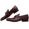 Casual Shoes Breattable Brown Tan / Black Woven Design Loafers Summer Mens Wedding Groom äkta läder Male Dress med Tassel