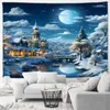 Tapestries Winter Snowy Outdoor Landscape Tapestry Beautiful Forest Castle Home Patio Wall Hanging Art Deco Blanket Living Room Mural