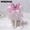 Scarpe eleganti sandali décolleté per cinturino alla caviglia gioiello con tacchi alti pizzo da donna perla bowknot sottile 43 punta punta più sposa da sposa tallone gattino in rilievo