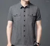 Męskie koszule letnie letnie ubrania z krótkim rękawem bawełniana koszula Slim Fit Striped Pocket odzież robocza moda luźne vintage topy