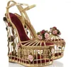 Sandals 3D Flower Embellished Cut-outs Bird Cage Wedges Beauty Platform Ankle Strap Wedding Shoes Lady Fretwork Heels