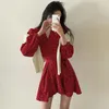 Casual Dresses Spring Chiffon Women Dot V-ringen Puff Long Sleeve Lace Up Slim Midje One Piece Mini Dress Korean Fashion Vestidos