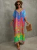 Платья плюс размеры градиент многоцветный печать сексуальное v шее длинное платье для женщин 2024 повседневные летние каникулы пляжная одежда Maxi Q1464