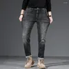 Mäns jeans svarta grå män smal fit stretch top quanlity byxor streetwear manliga denim byxor repade satt 2024 trendiga