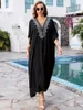 Casual Dresses 2024 Boho Print Beach Loose Kimono Cardigan Dress Women Beachwear Plus Size Embroidery V Neck Lace-up House Robe Q1583