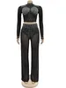 Women's Two Piece Pants Beyprern Black Sheer Mesh Rhinestone Crop Top And Wide Legs Set Sparkle Crystal Tracksuit Birthday Outfit