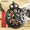 Pocket Watches Unique Big Gold Number Hollow Design Mechanical Pocket FOB Chain Black Steel Skeleton Steampunk Pocket es Male Clock L240402