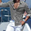 Herren T-Shirts Herren Button-up Shirt Casual Business Frühling und Sommer große Größe langärmelige Striped Printarbeit täglich Urlaubshemd 2445