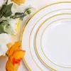 Disposable Dinnerware 700PCS Gold Plastic Plates - 100 Guest White With Rim Include Dinner Dessert