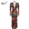 Robes décontractées Qili-Women Vintage Imprimé Long Robe sexy Sexy V-Neck High Elastic Elastic Terre Élégant Trumpet