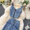 Casual jurken zomer vrouwen rok twee delige set sexy v-neck ctopped denim vest hoge taille rokken Koreaanse dames mouwloze pakken s s s s s s