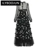 Casual Dresses Ilyboojun modedesigner Spring Mesh Maxi Dress Women O-Neck Lantern Sleeve Flower Brodery Bohemian Long