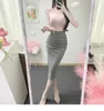 Skirts Black Midi Summer Women Cotton Slim Skirt Office Lady Folds Pencil Split Elegant Work Clothes