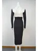 Casual Dresses Sexy Square Neck Long Sleeves Pleated Bandage Dress Women Black White Pathwork Folds Bodycon Elegant Celebrity Club