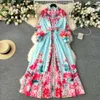 Casual Women Basic Dresses 2024 Fashion Holiday Gorgeous Flower Maxi Dress Women's Stand Long Lantern Sleeve Linen Floral Print Sashes Boho Robe Vestidos 's