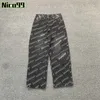 BA POP UP Graffiti Full Print Letters Washed Senior Twill Loose Versatile Black Blue Fashion Casual Straight Wide Leg Men and Women Jeans