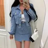 Cowboy Set Two-Piece Suit Autumn Fashion Turndown Collar Blue Single-Breasted Short Denim Shirt Top Solid Color Hip Skirt 240325