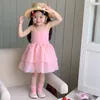 Zomer peuter meisjes sling jurk katoen koren kleurrijk dot baby baby bubbel tule gelaagde baby prinses 240322