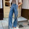 Kadınlar Kot Düzensiz Düğme Yüksek Bel Düz Pantalonlar Mujer Kadın Geniş Gecikme Denim Pantolon Ropa Spring Womens Giyim