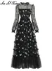 Casual Dresses Ilyboojun modedesigner Spring Mesh Maxi Dress Women O-Neck Lantern Sleeve Flower Brodery Bohemian Long